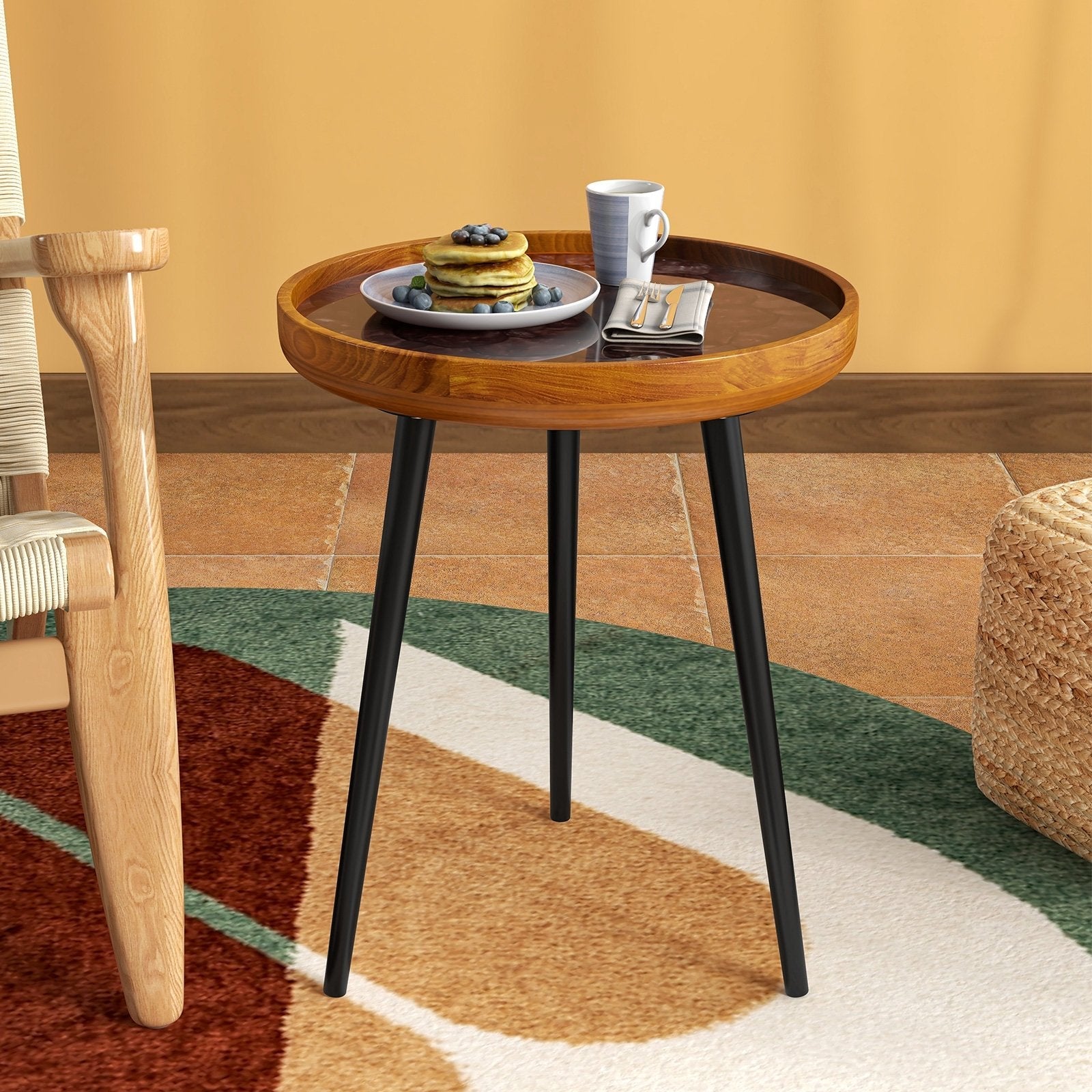 16 Inch Round End Table with Sea Shell Decoration and Epoxy Resin Finish-Brown