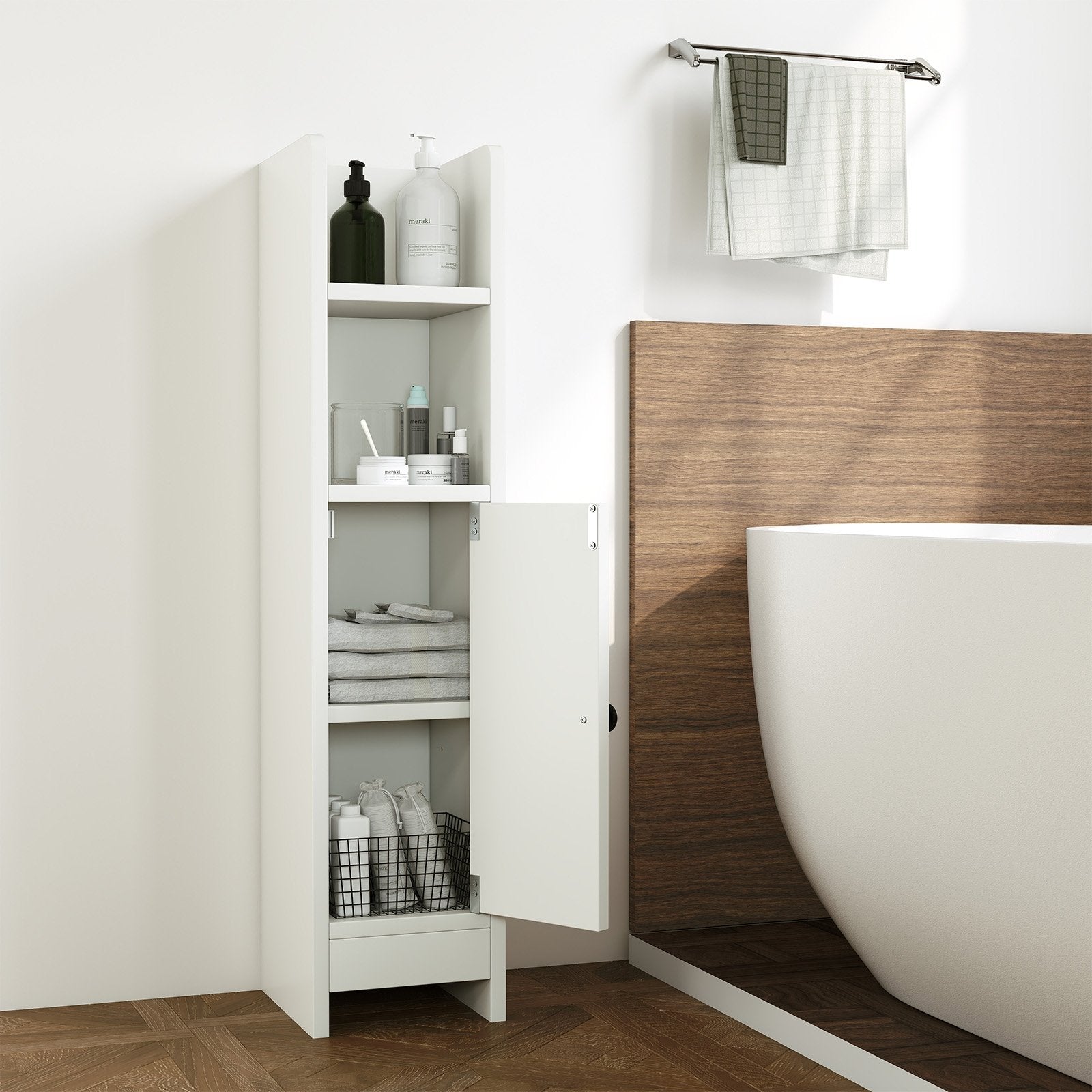 Bathroom Slim Cabinet Corner with Door and Adjustable Shelf-Black
