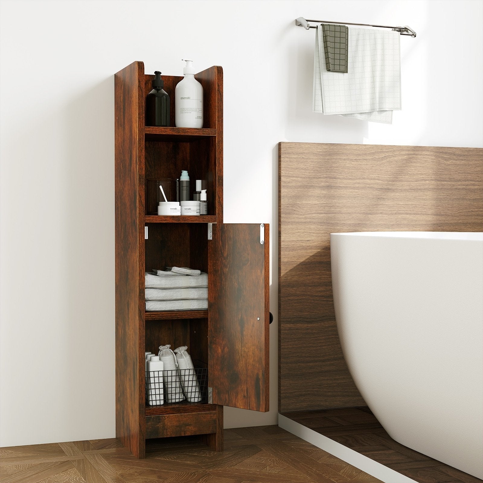 Bathroom Slim Cabinet Corner with Door and Adjustable Shelf-Black