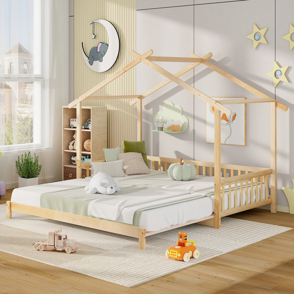 Extendable House Bed Twin to King Daybed with Roof and Fence Rails-Gray