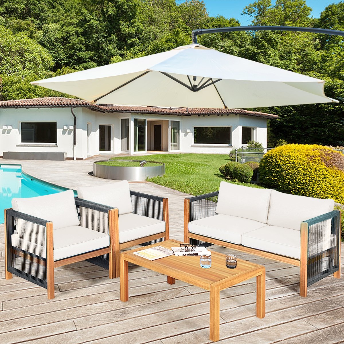4 Pieces Wood Outdoor Patio Furniture Set with Cushions for Garden-Red