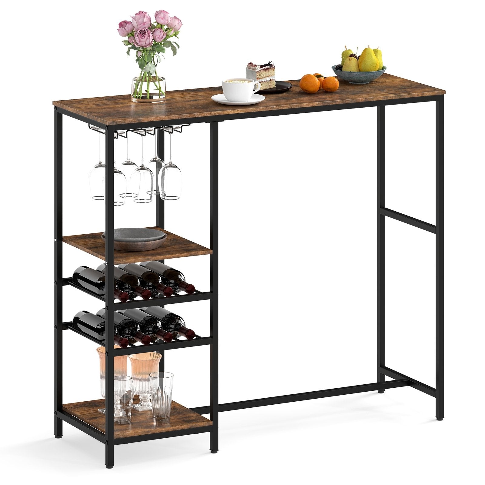 Long Bar Table Bar Height Dining Table with Storage Shelves-Rustic Brown