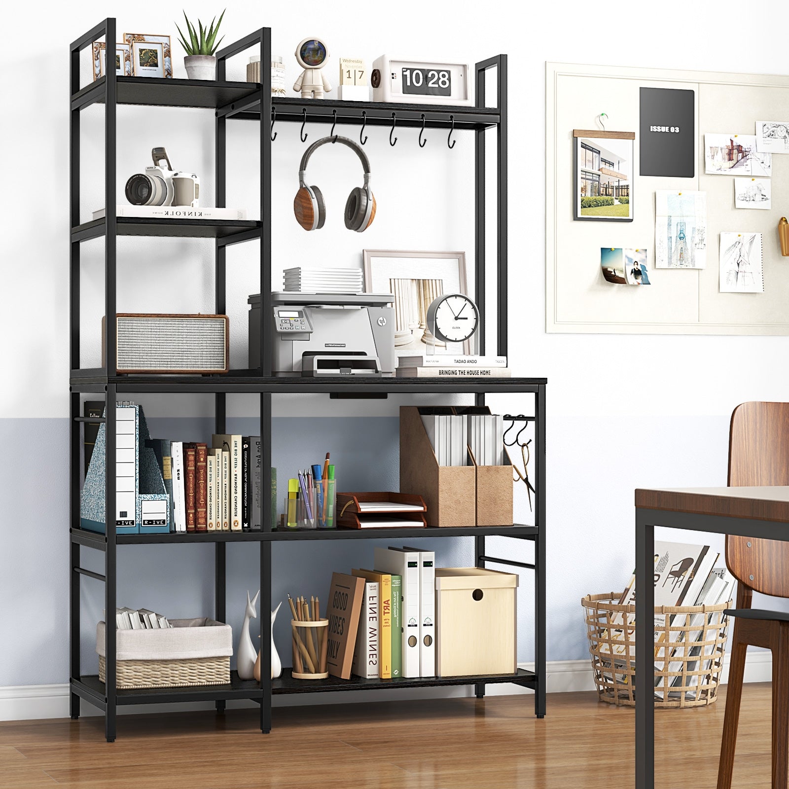 5-Tier Bakers Rack with Power Outlets and 10 S-Shaped Hooks-Black