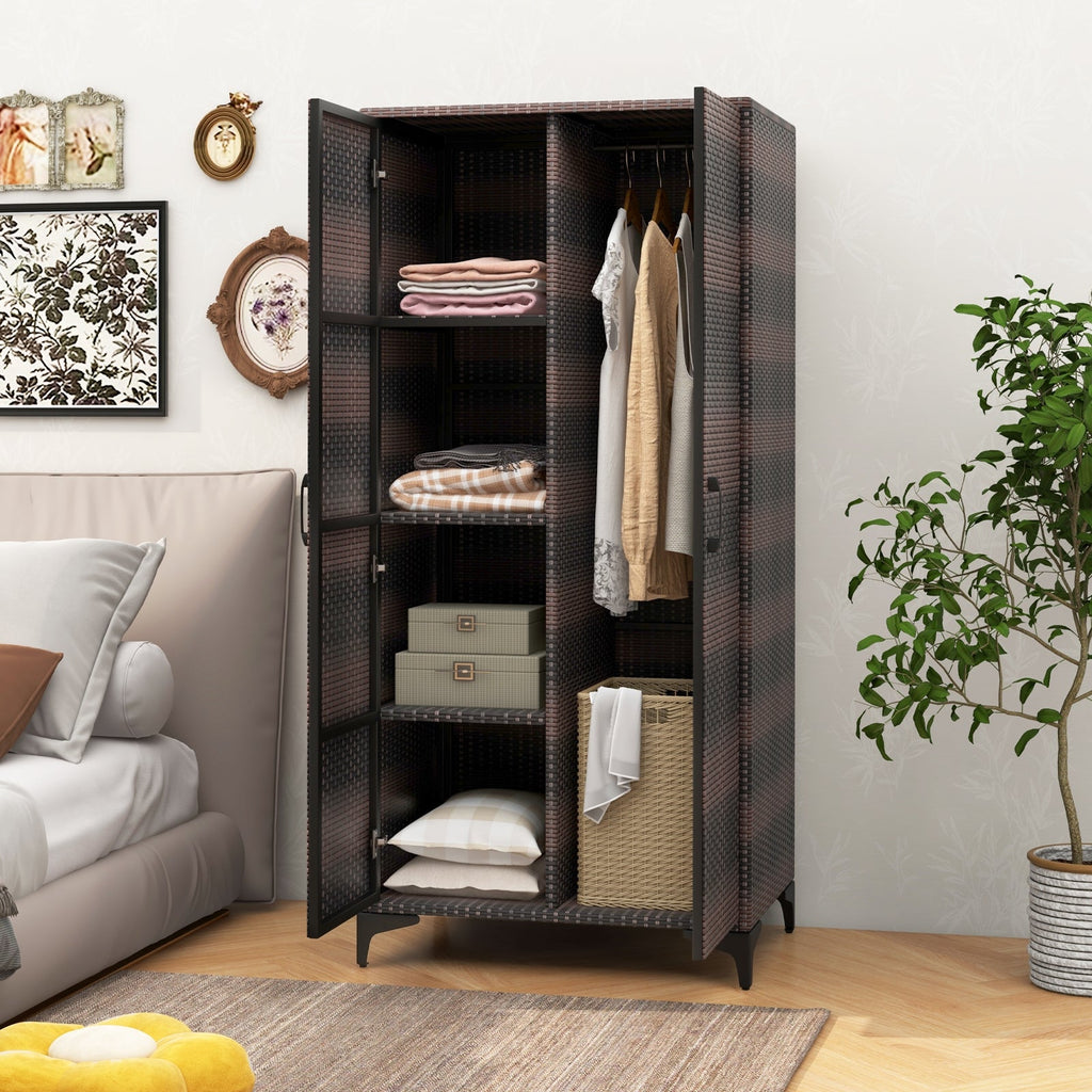 62 Inch Wicker Wardrobe with 2 Doors PE Rattan Closet with Hanging Rod-Black