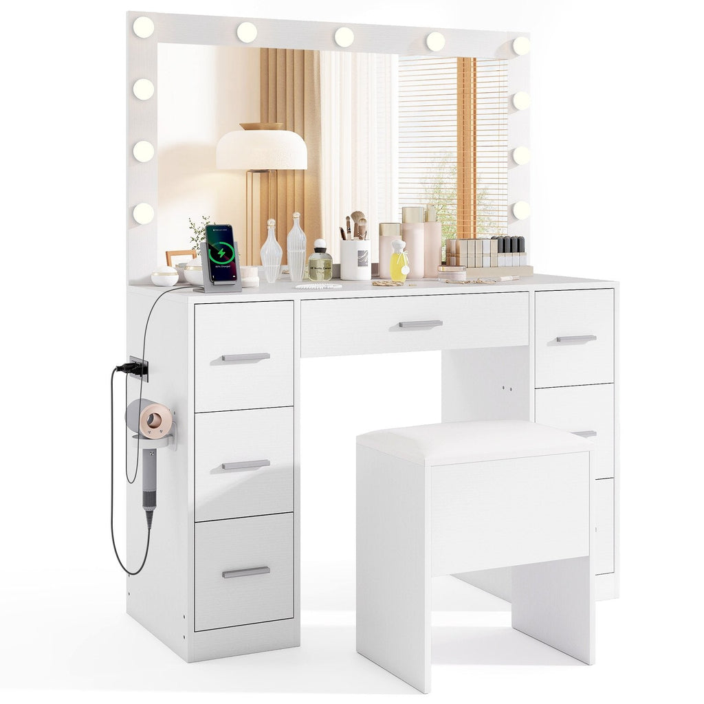 43.5-Inche Vanity Desk with Mirror and Lights for Bedroom-White