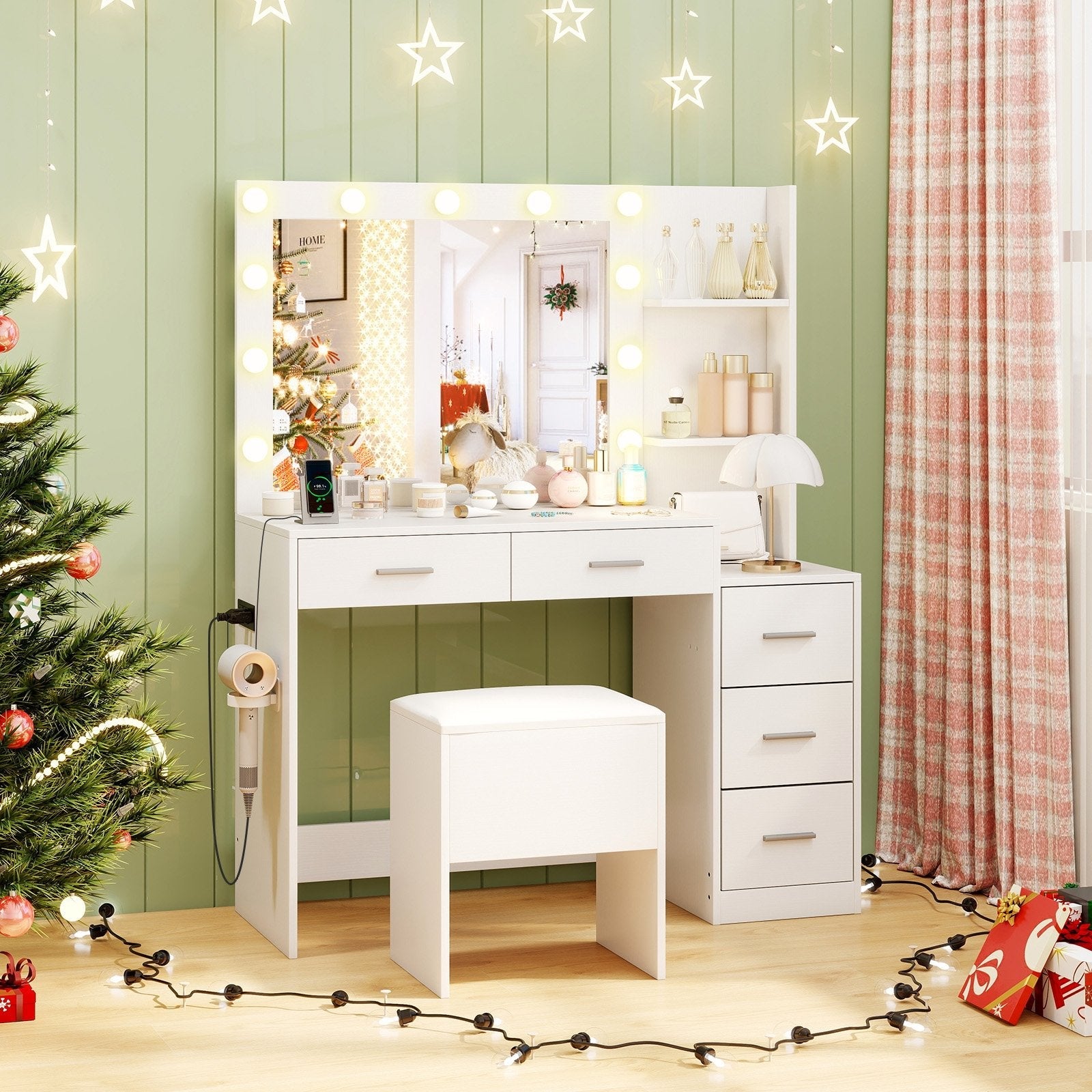 Makeup Table and Stool Set with Hair Dryer Stand-White