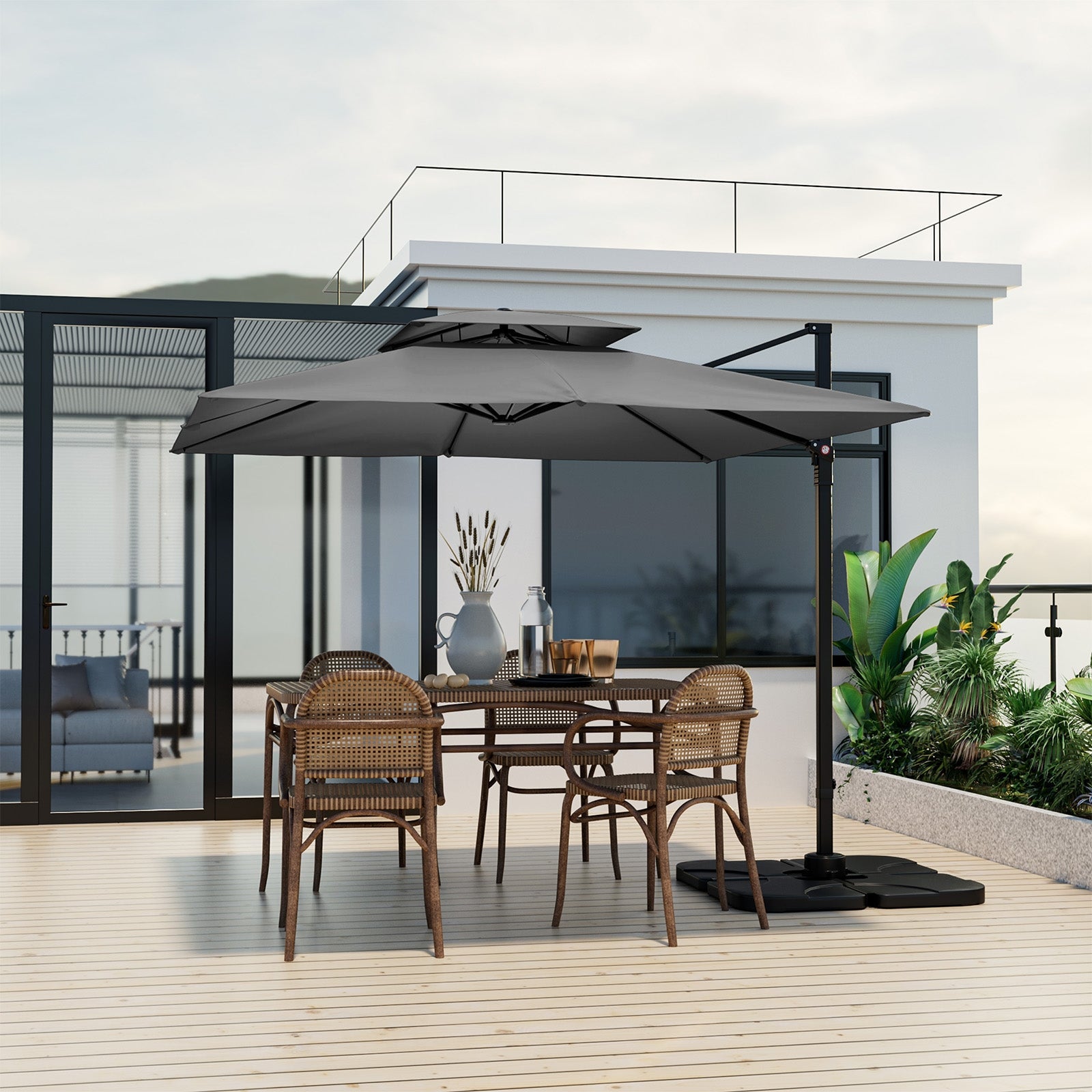 9.5 Feet Cantilever Patio Umbrella with 360° Rotation and Double Top-Beige