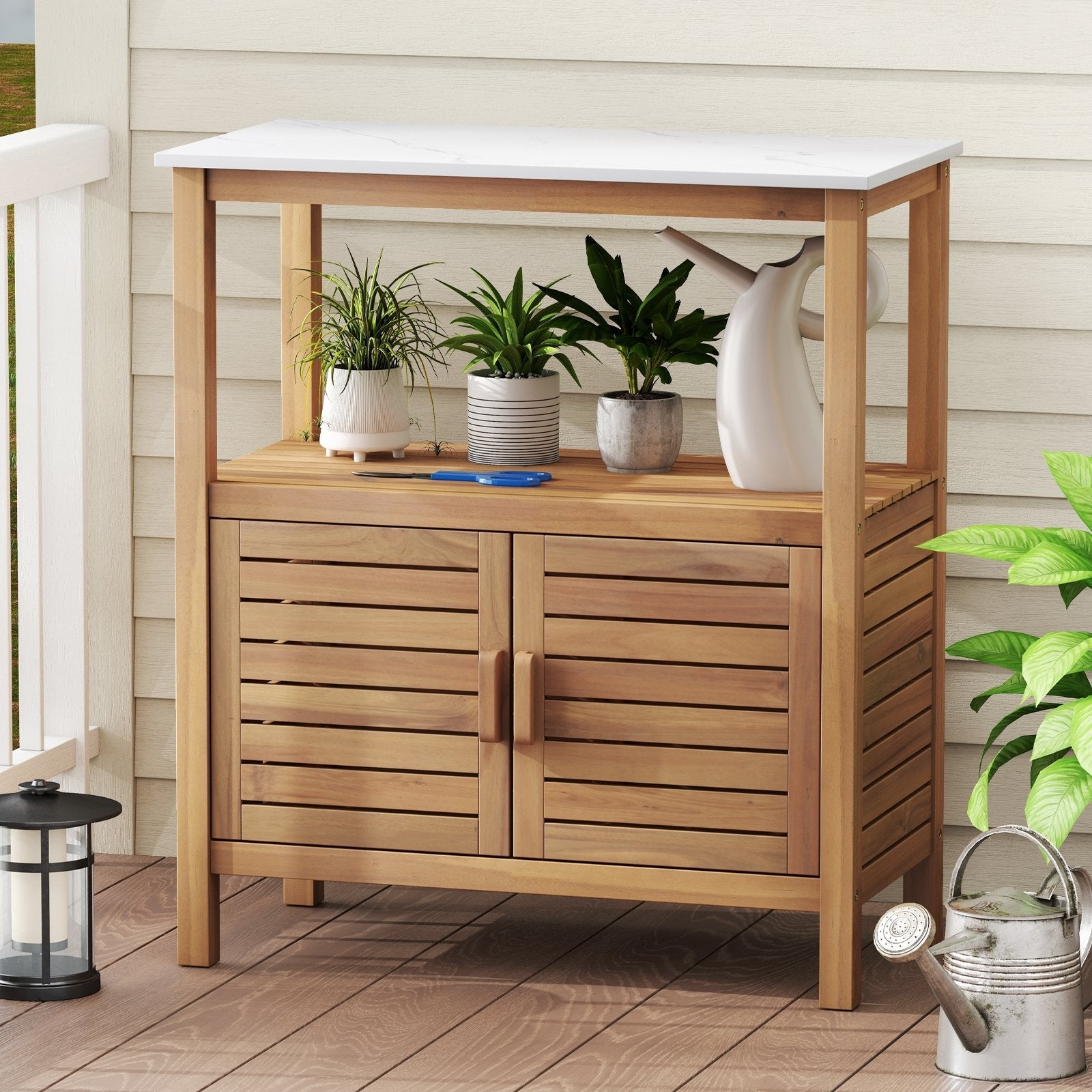 Outdoor Potting Bench Acacia Wood Garden Potting Table Planting Work Bench Station with Louvered Doors