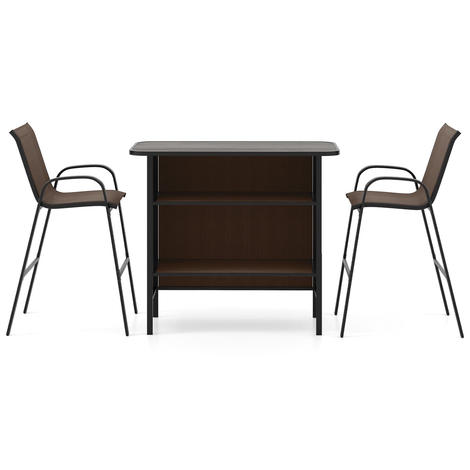 3 Piece Outdoor Bar Set with Footrest and 2-Tier Shelf-Black