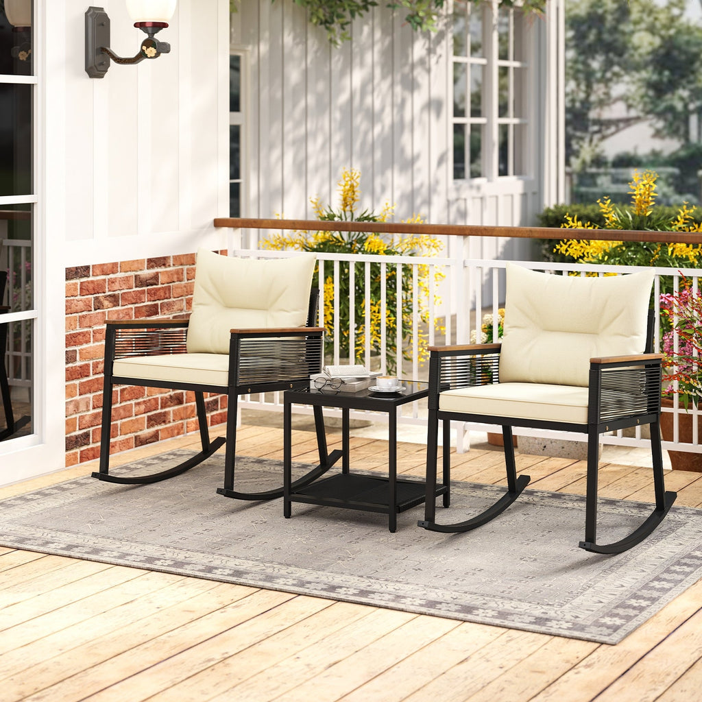 3 Piece Outdoor PE Rattan Rocking Bistro Set with 2-Tier Coffee Table-Black
