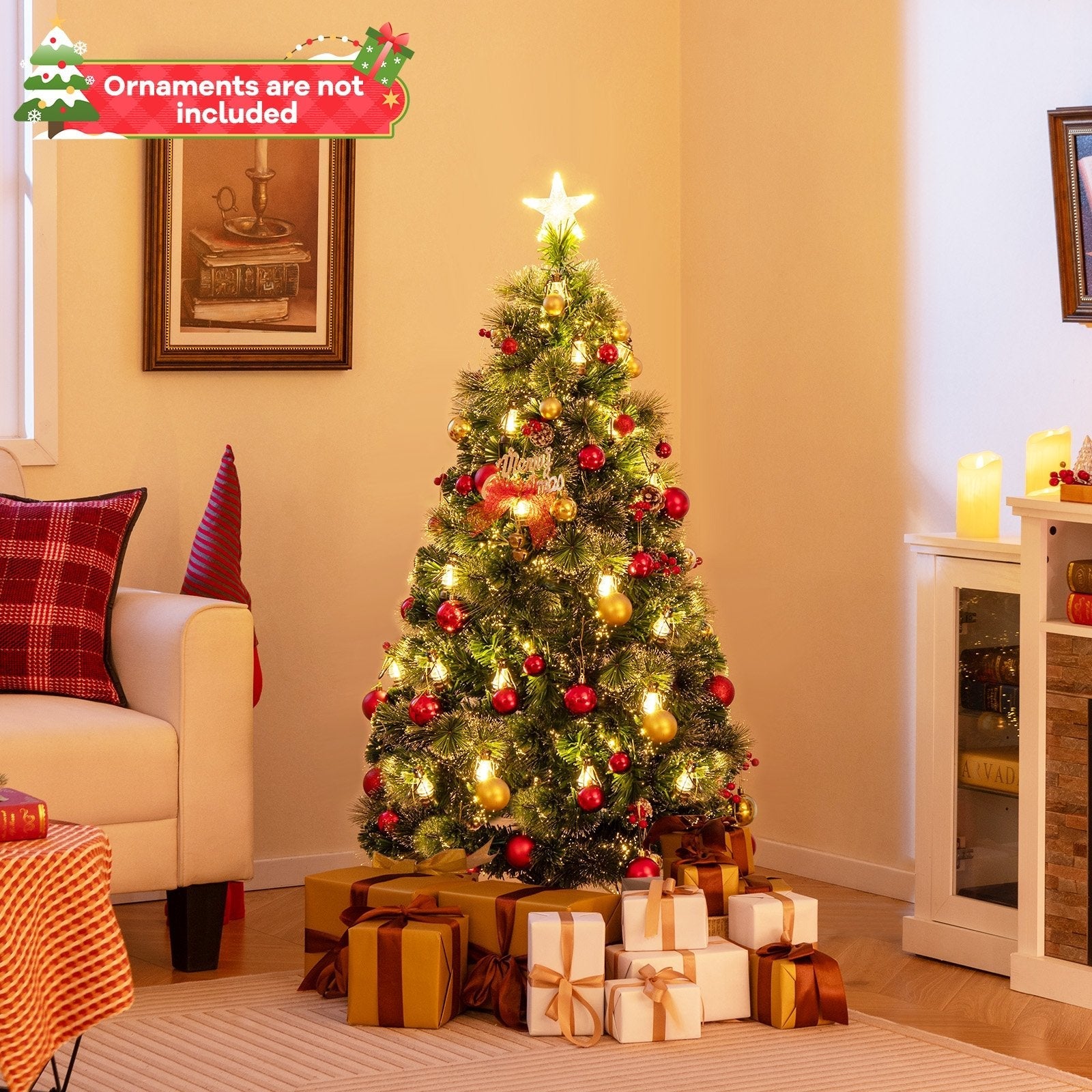 5/6/7 Feet Artificial Christmas Tree with Red Berries and Kerosene Lamps-6 ft