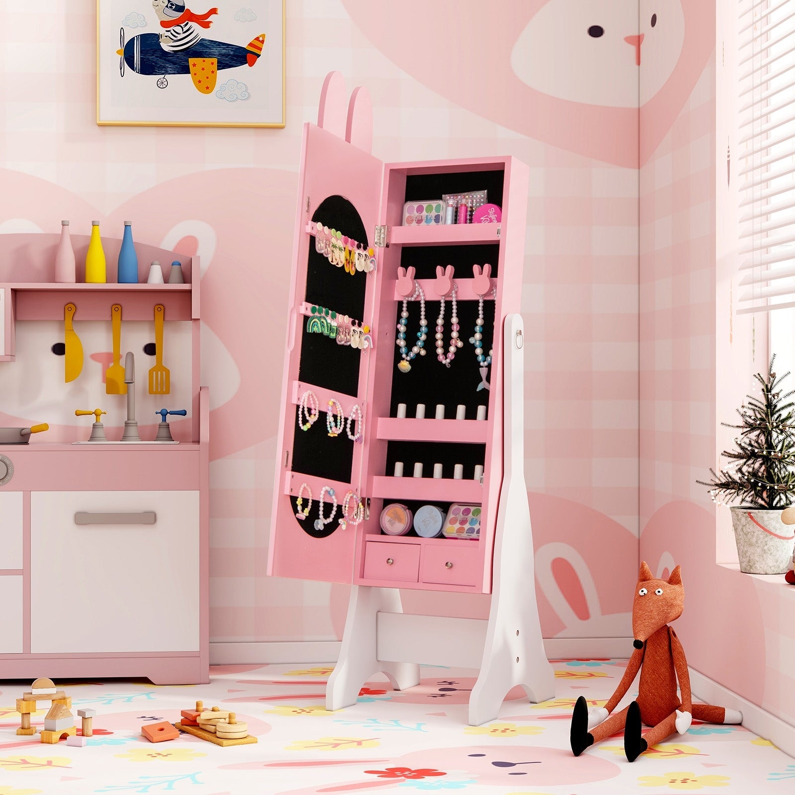 Kids Jewelry Armoire Cabinet with 2 Tilt Angles and Large Capacity-Pink