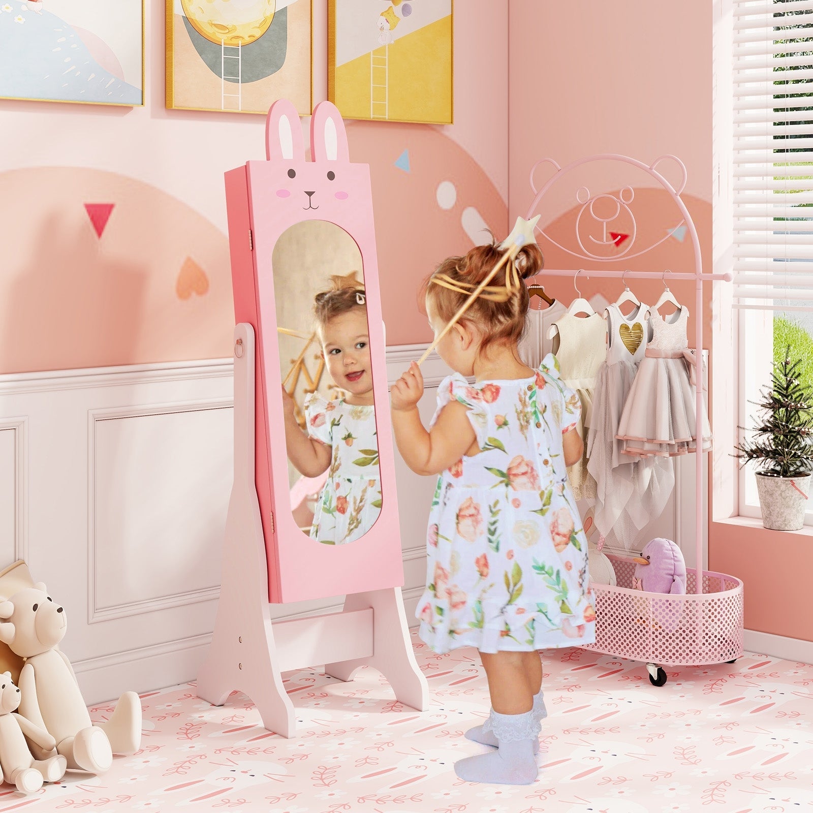 Kids Jewelry Armoire Cabinet with 2 Tilt Angles and Large Capacity-Pink