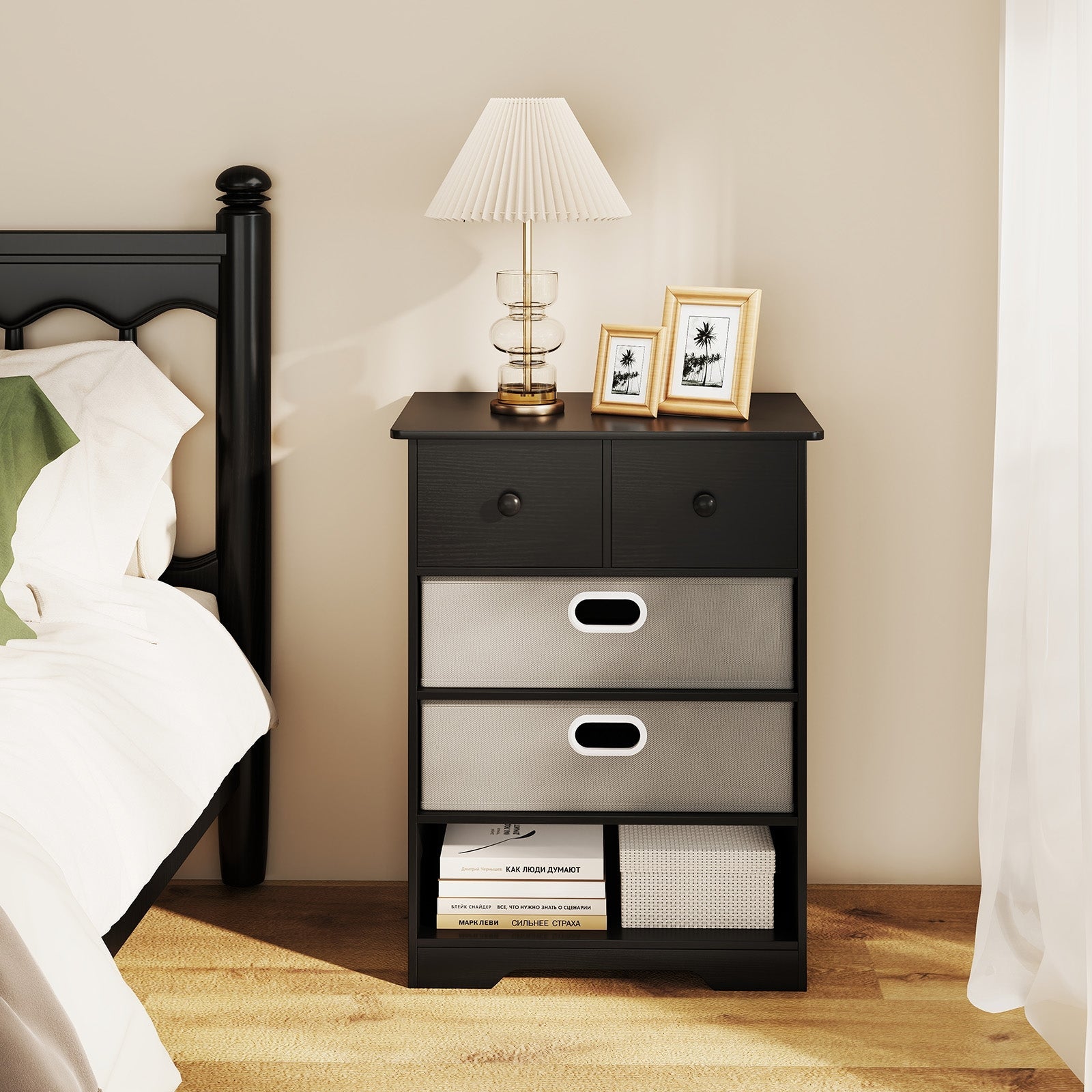 4-Drawer Dresser Modern Chest Storage Organizer with Open Shelves-Black