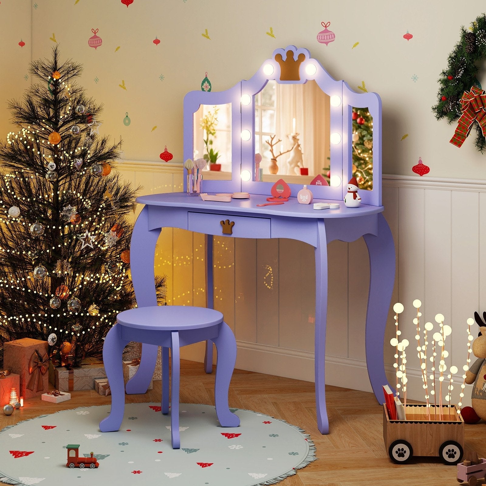 Kids Vanity Set with Tri-fold Lighted Mirror Detachable Top and Stool-Pink