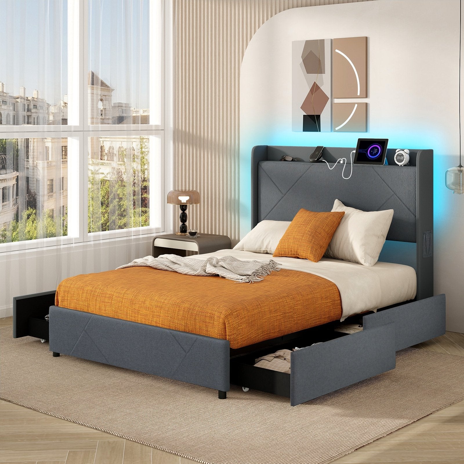 Full/Queen Size Bed Frame with LED Lights and Charging Station-Queen Size