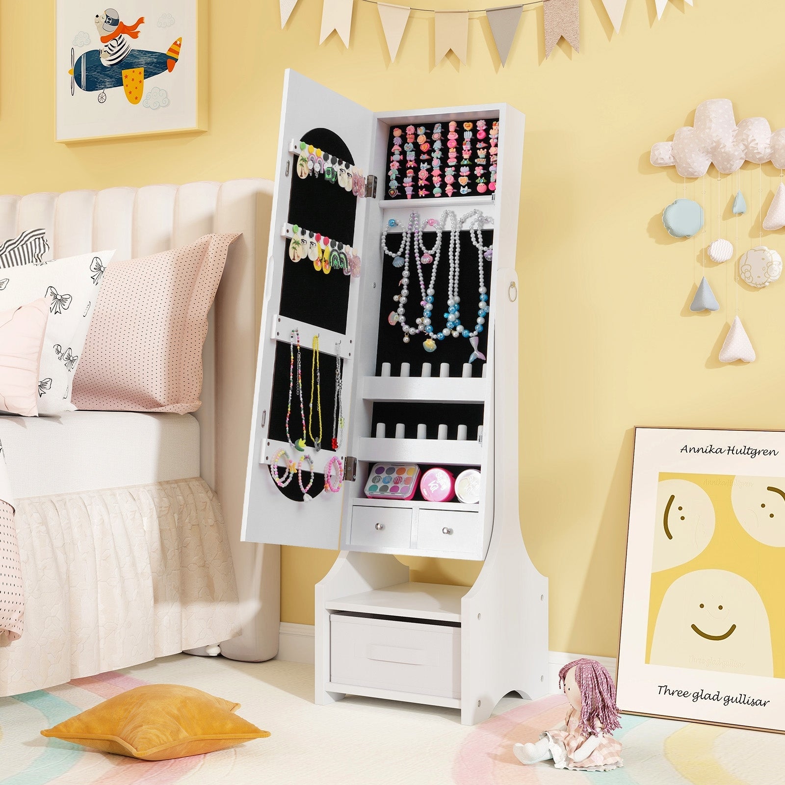 Freestanding Kids Jewelry Armoire Cabinet with Storage and 2 Tilt Angles-Pink