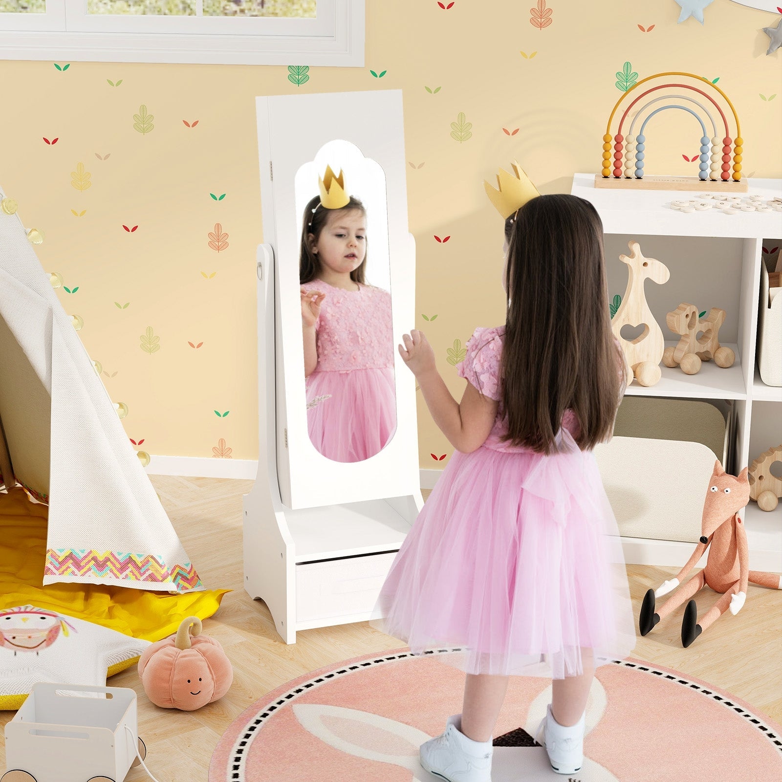 Freestanding Kids Jewelry Armoire Cabinet with Storage and 2 Tilt Angles-Pink