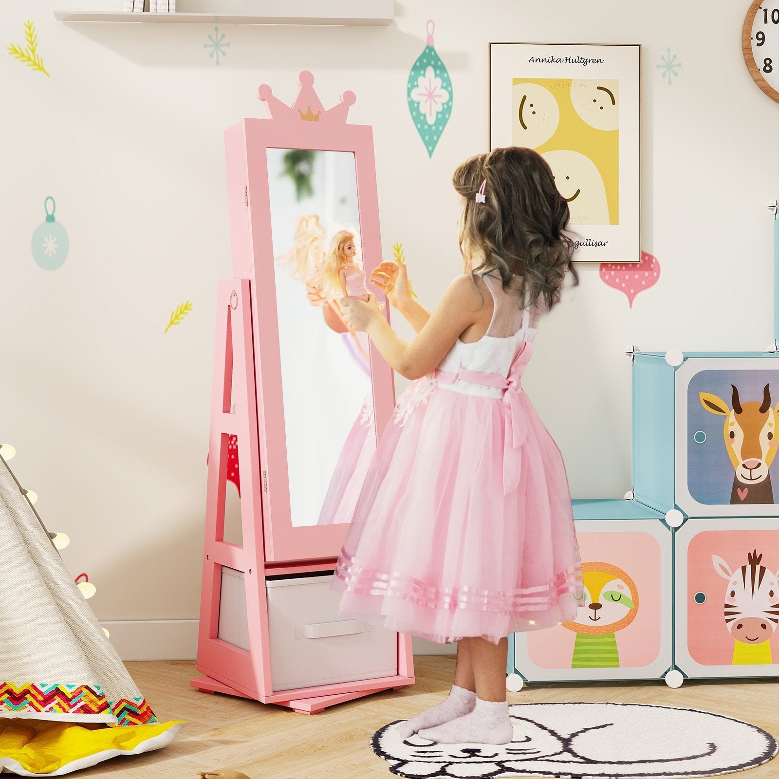 Kids Jewelry Armoire Cabinet with Large Storage Capacity and Swivel Base-Pink