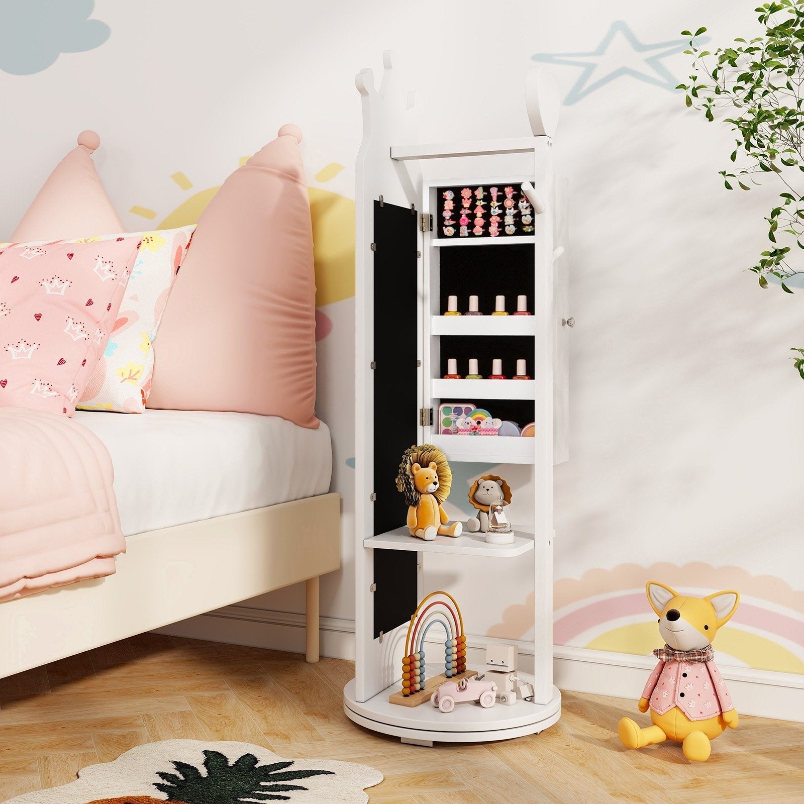Free-Standing Full Length Mirror Kids Jewelry Armoire Cabinet-Pink