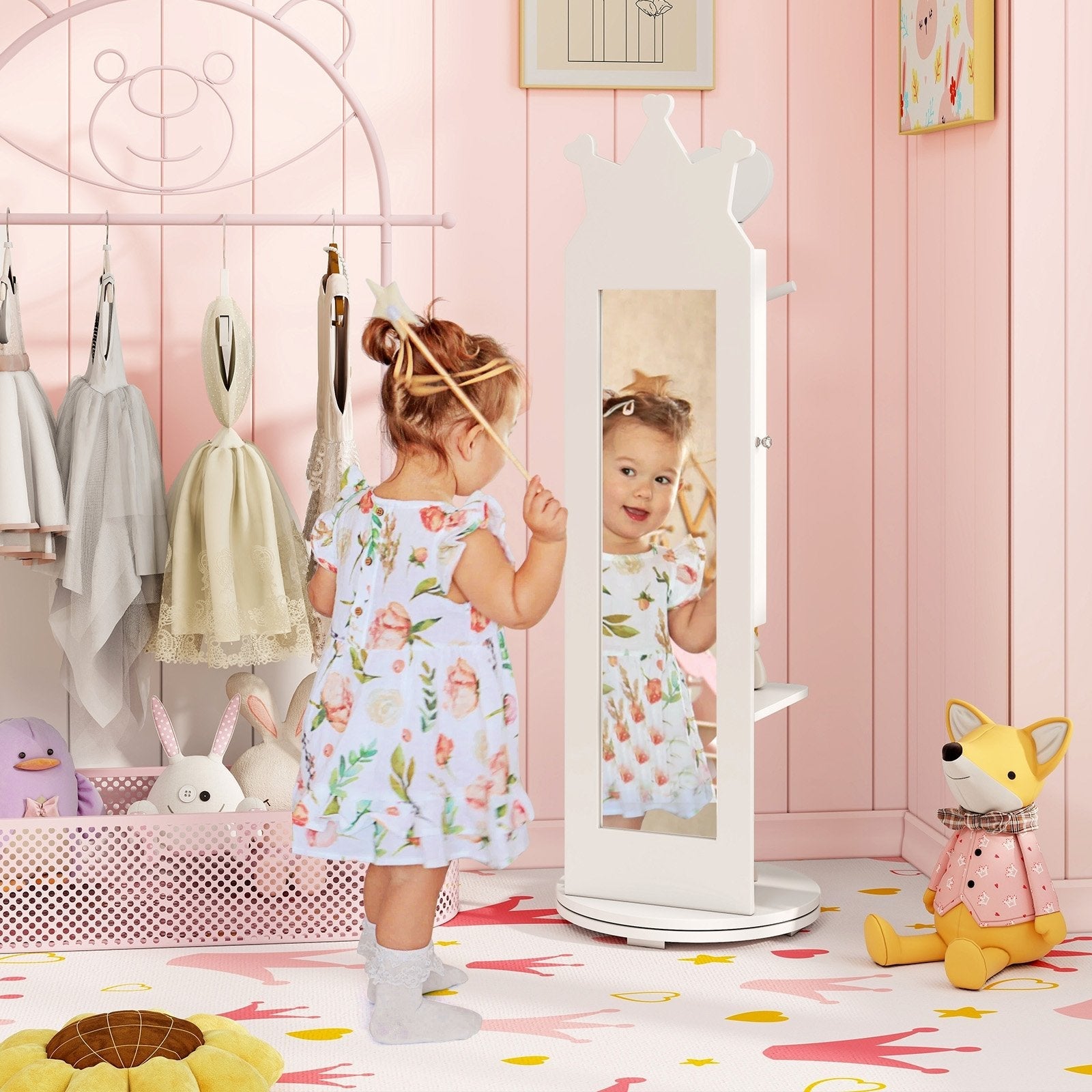 Free-Standing Full Length Mirror Kids Jewelry Armoire Cabinet-Pink