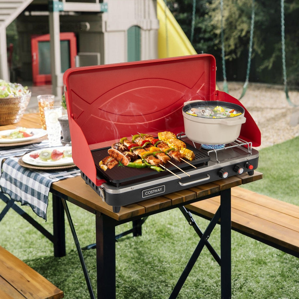 2-in-1 Gas Camping Grill and Stove with Detachable Legs-Black