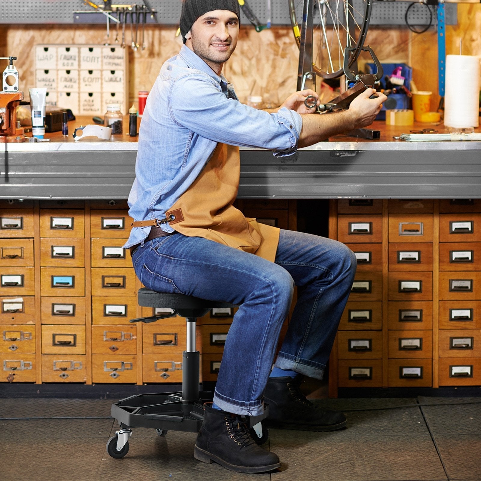 330 LBS Capacity Pneumatic Rolling Mechanic Stool with Padded Seat-Black