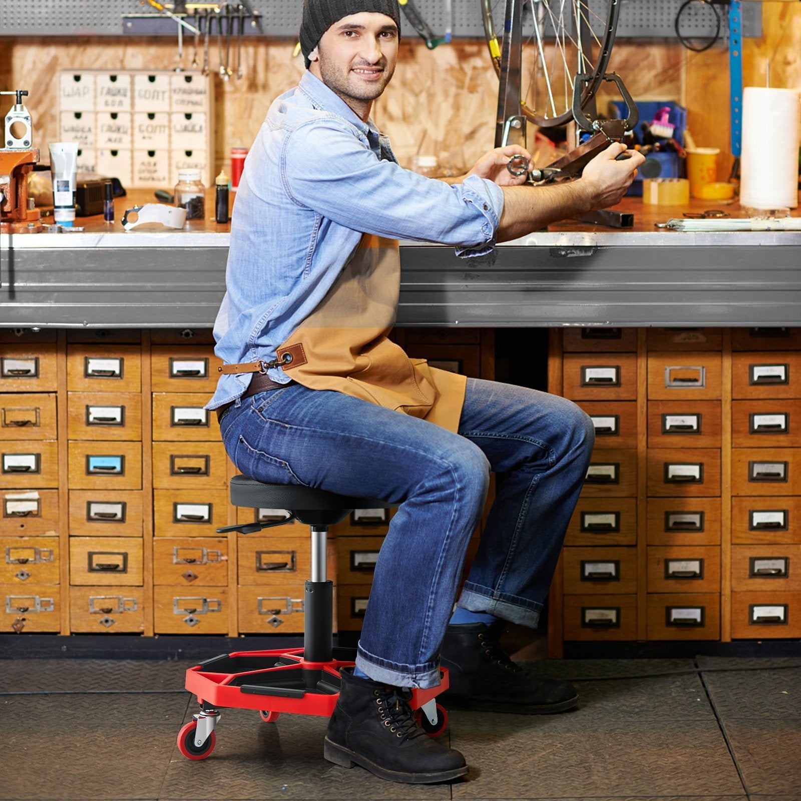 330 LBS Capacity Pneumatic Rolling Mechanic Stool with Padded Seat-Black
