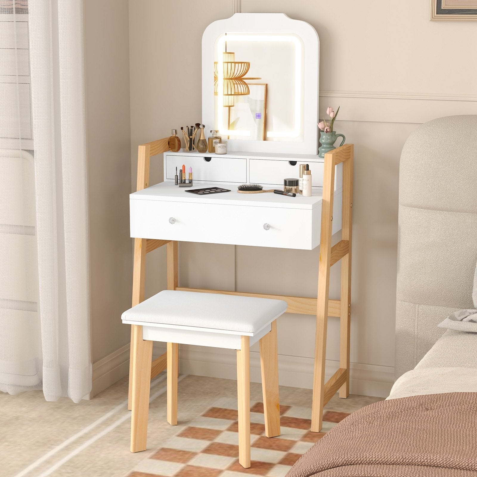 Adjustable Height Vanity Desk Set with 3-Color LED Lighted Mirror and Drawers-White