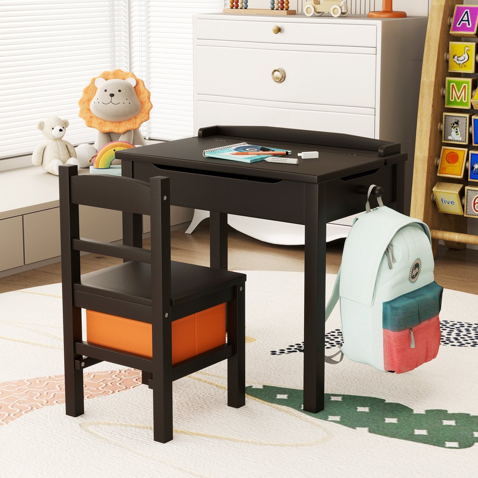 Wood Activity Kids Table and Chair Set with Storage Space-Brown