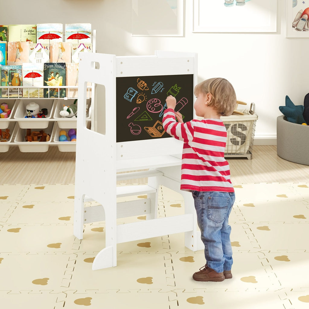 Toddler Kitchen Step Stool with Activity Chalkboard and Adjustable Height-Natural
