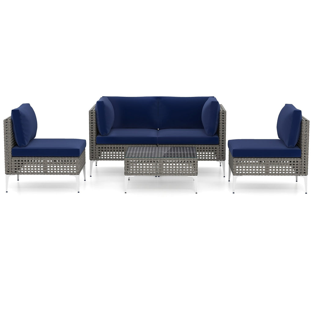 5 Piece Outdoor Furniture Set Patio Rattan Chairs with Tempered Glass Coffee Table-Navy