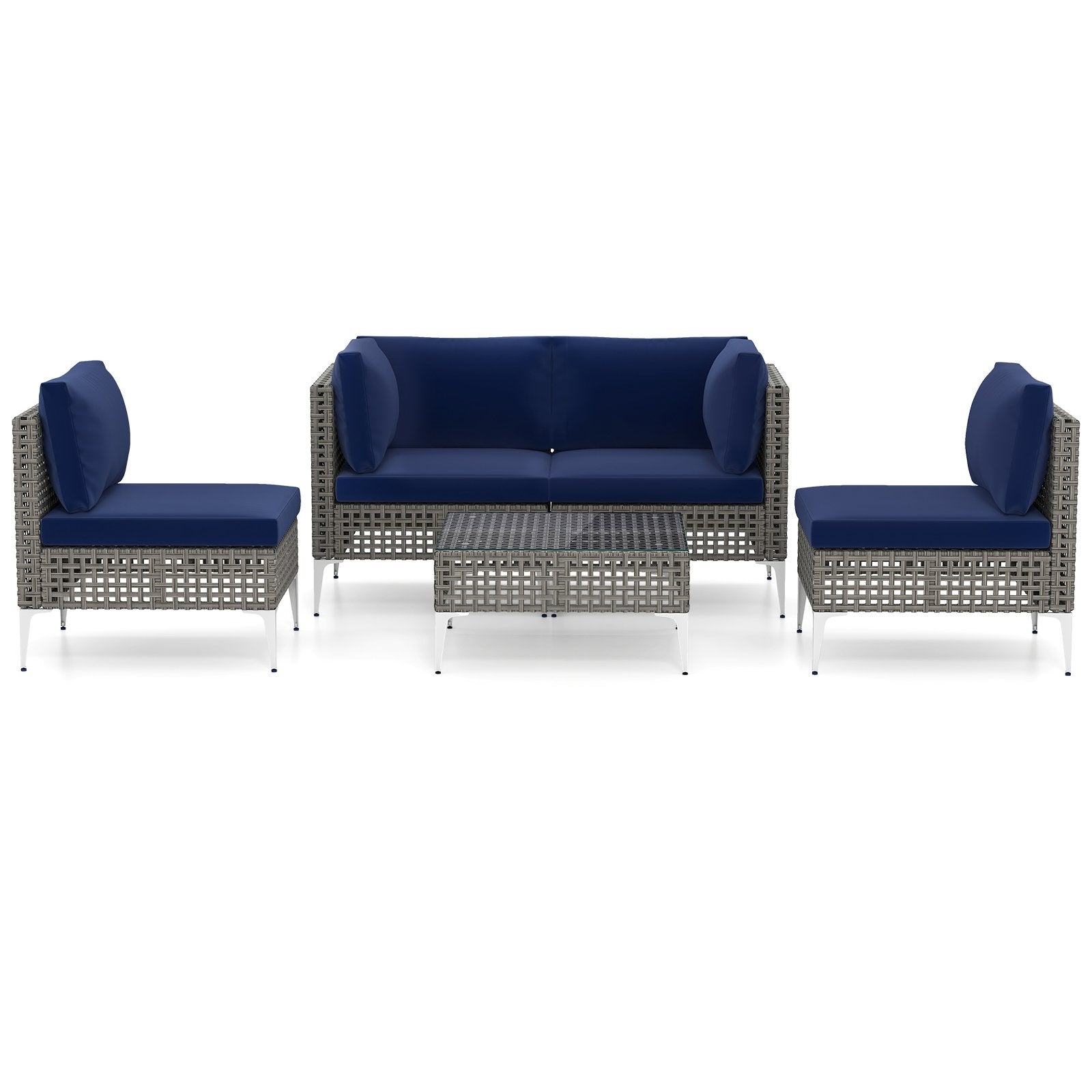 5 Piece Outdoor Furniture Set Patio Rattan Chairs with Tempered Glass Coffee Table-Navy