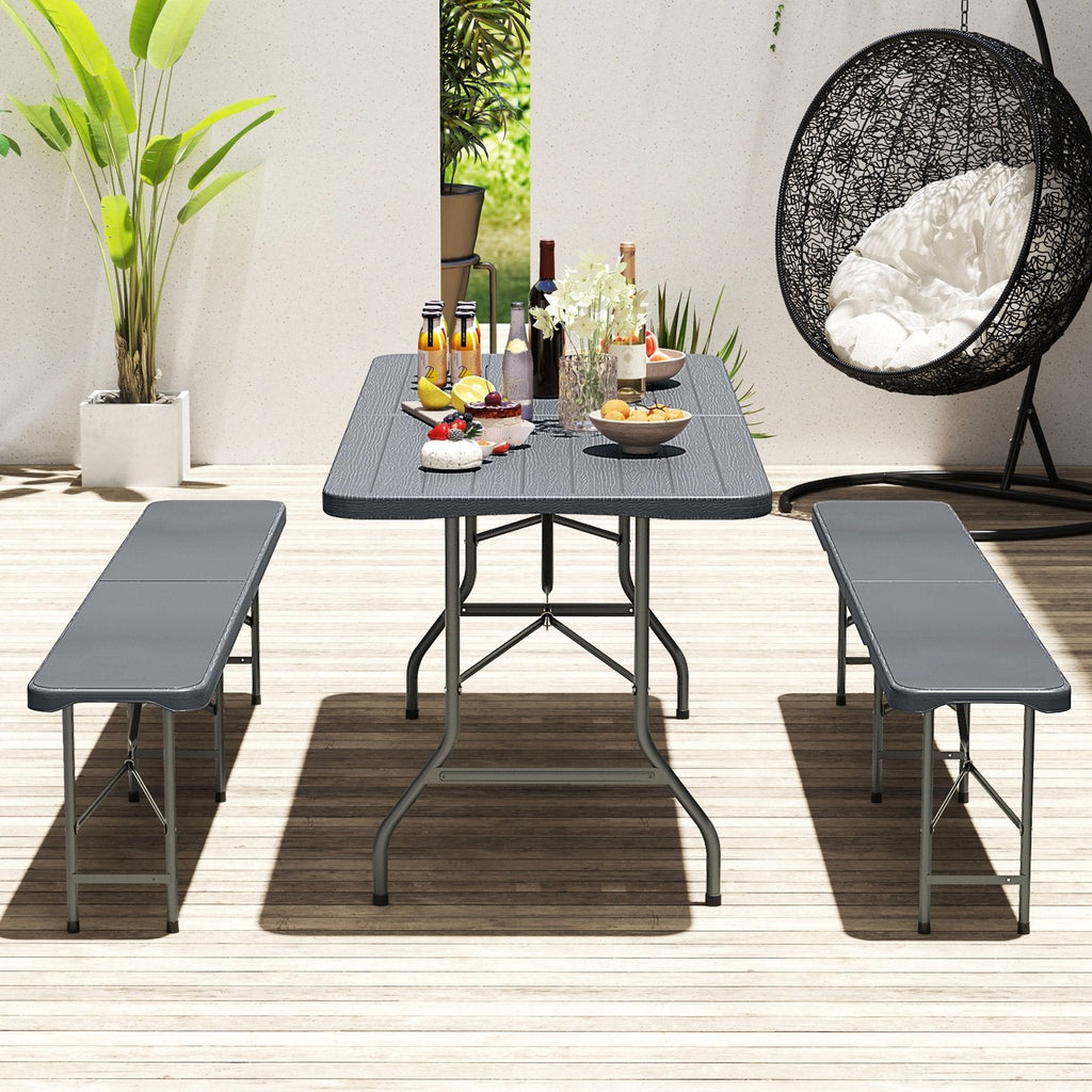 6 Feet Folding Table with Wood Grain HDPE Tabletop and Safe Lock Mechanism-Brown