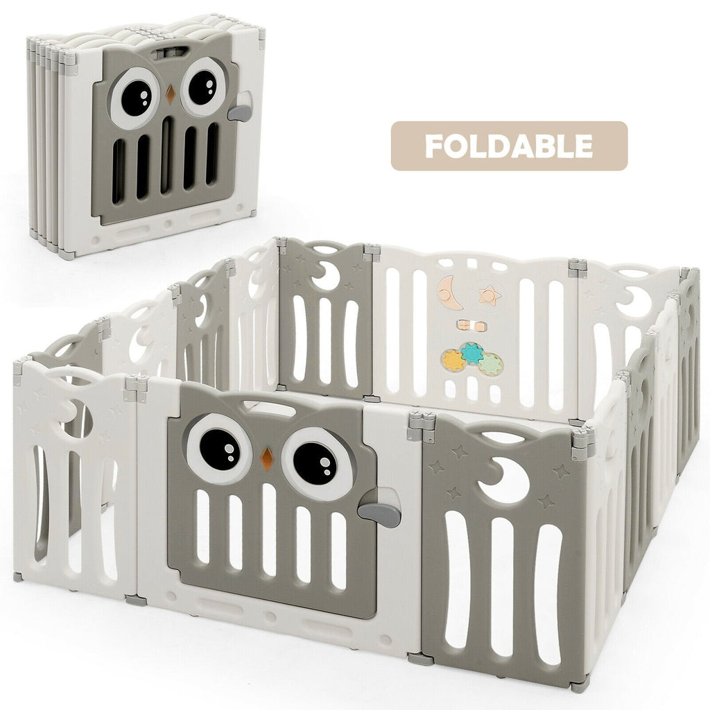 14-Panel Baby Playpen Kids Activity Center Foldable Play Yard with Lock Door-Beige