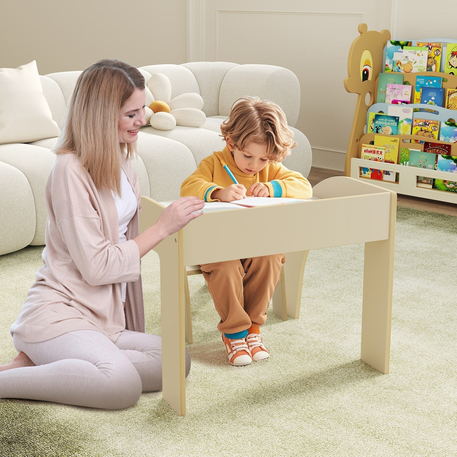 Kids Table and Chair Set with Wide Tabletop and Curved Edges for Kids Room-Natural