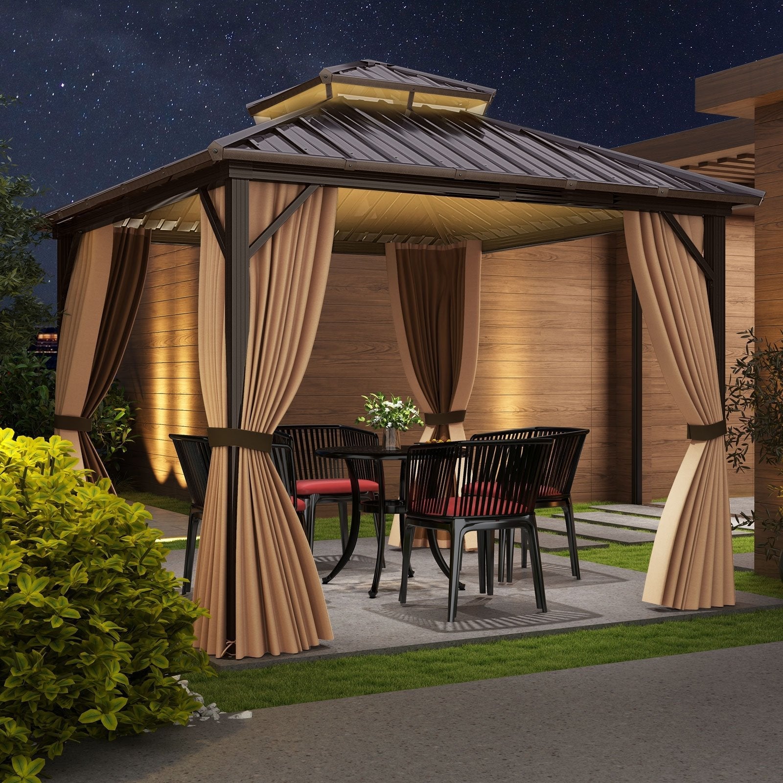 10 x 10 Feet Hardtop Gazebo with Netting and Curtain and Double-Roof Galvanized Metal Top