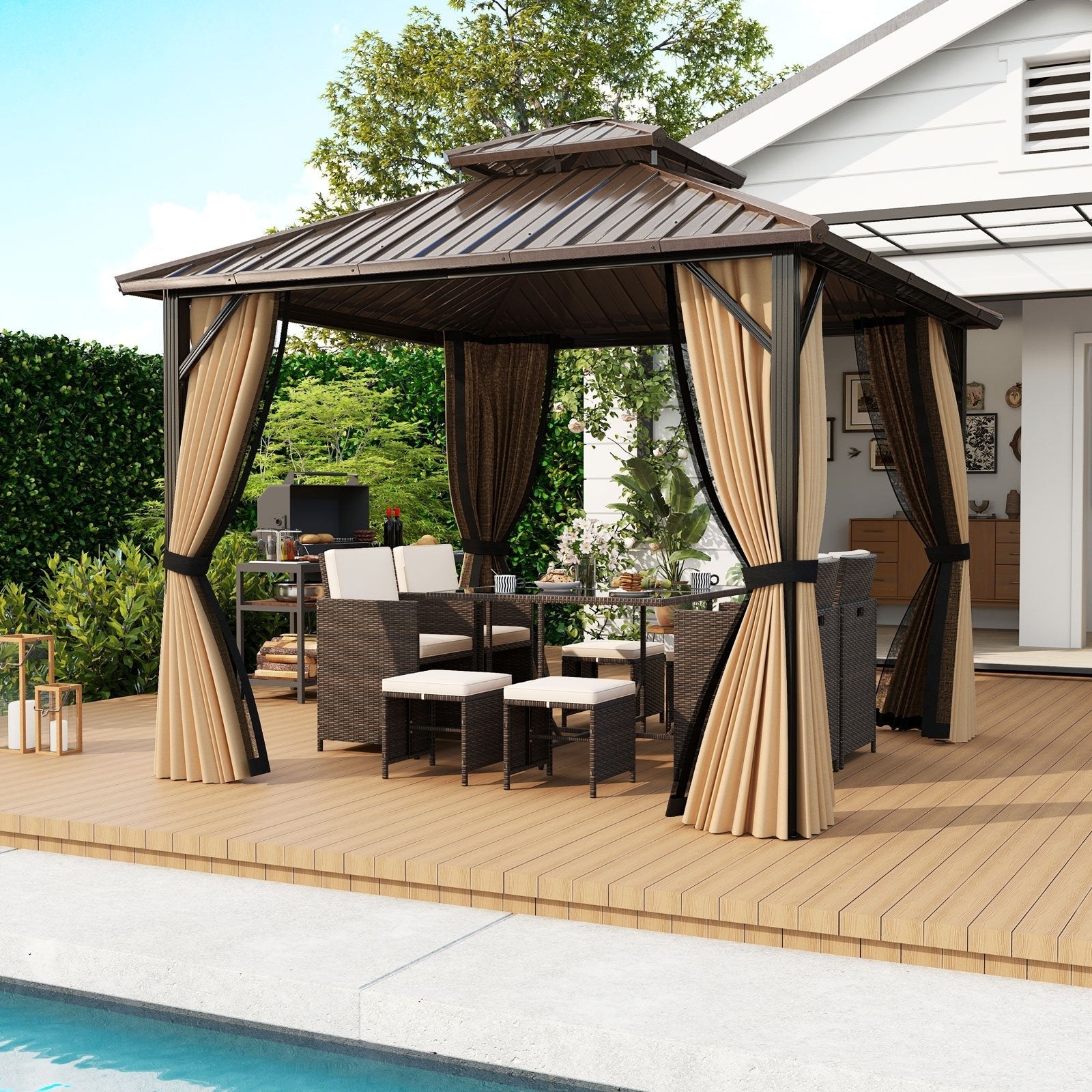 10 x 10 Feet Hardtop Gazebo with Netting and Curtain and Double-Roof Galvanized Metal Top