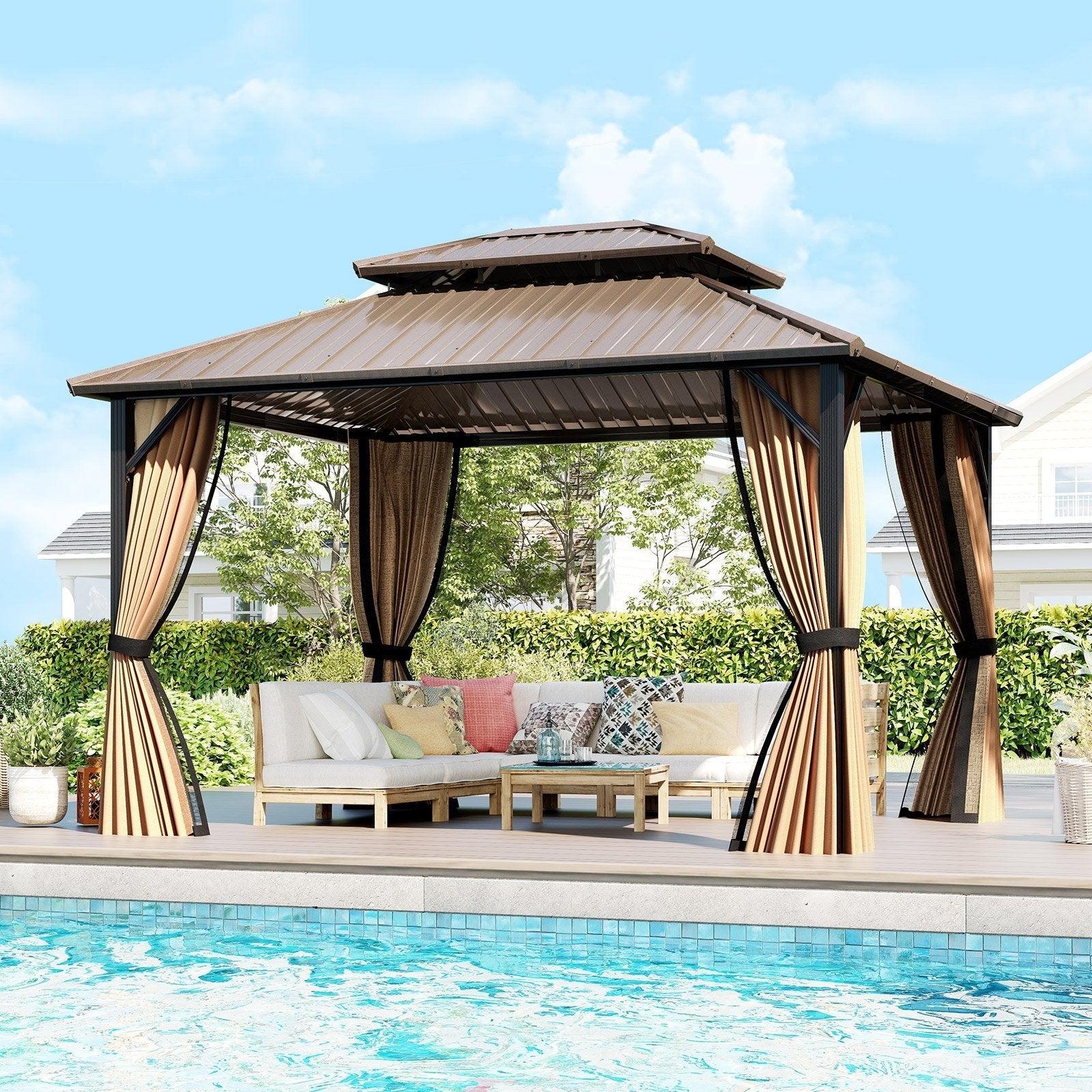 10 x 10 Feet Hardtop Gazebo with Netting and Curtain and Double-Roof Galvanized Metal Top