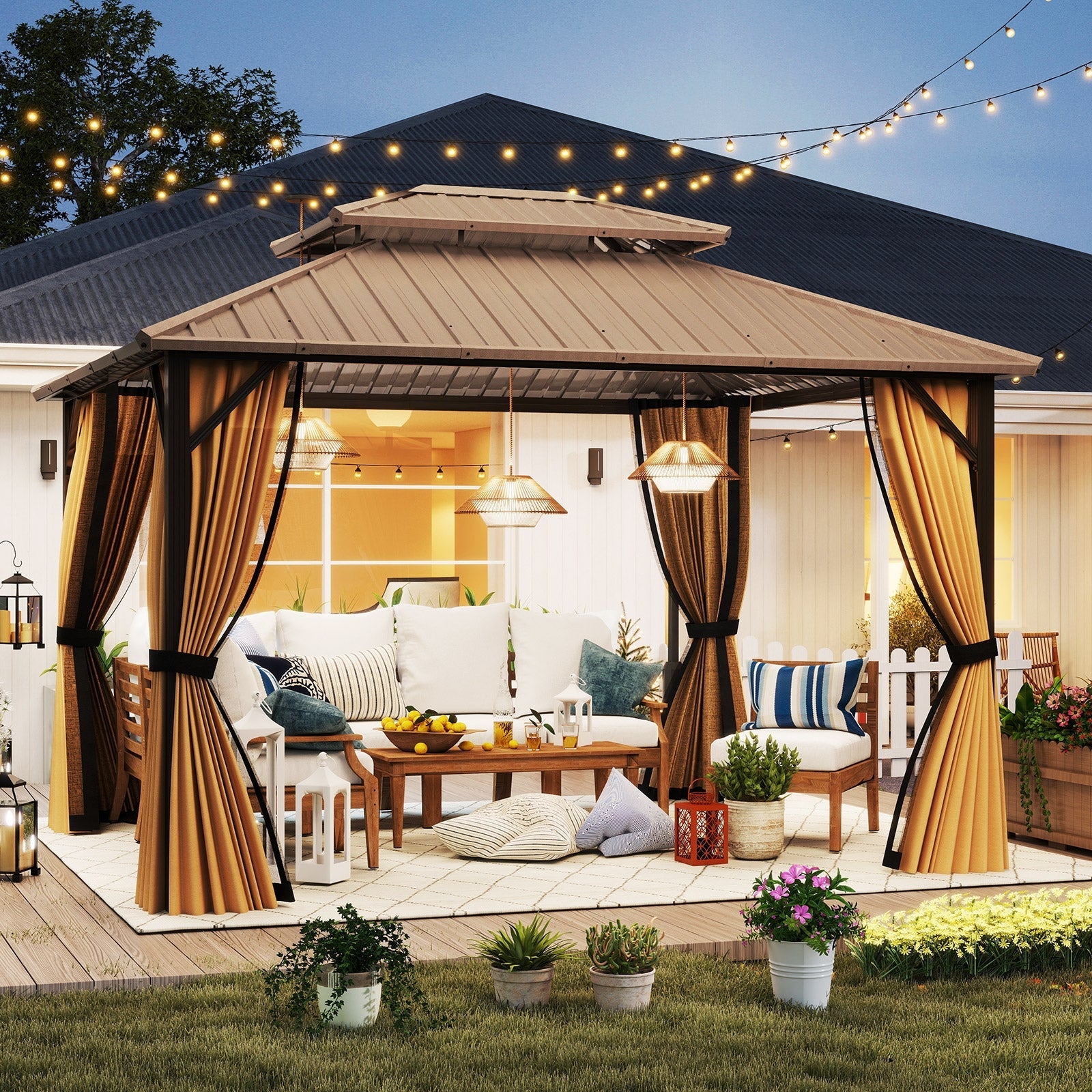 10 x 10 Feet Hardtop Gazebo with Netting and Curtain and Double-Roof Galvanized Metal Top