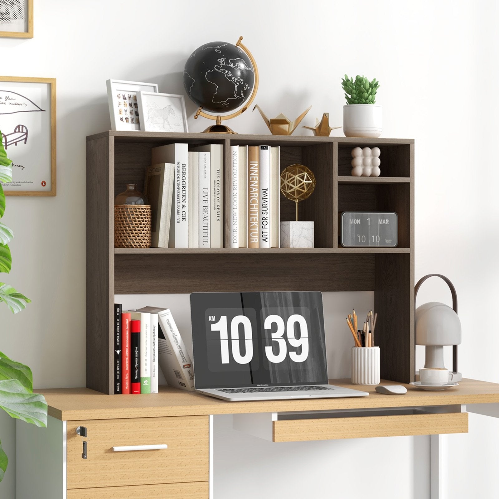 Computer Desktop Bookcase with 4 Cubbies and Open Back Compartment-Beige