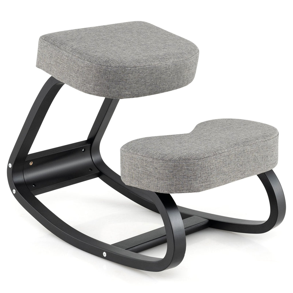 Wooden Ergonomic Rocking Kneeling Chair with Padded Cushion-Grey