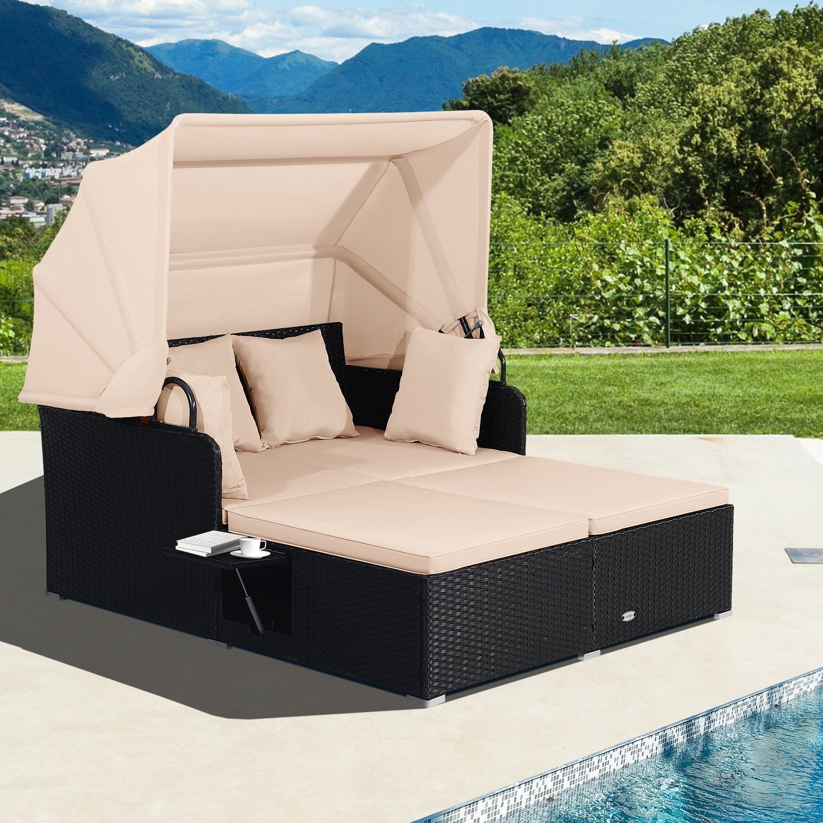 Patio Rattan Daybed with Retractable Canopy and Side Tables-Beige