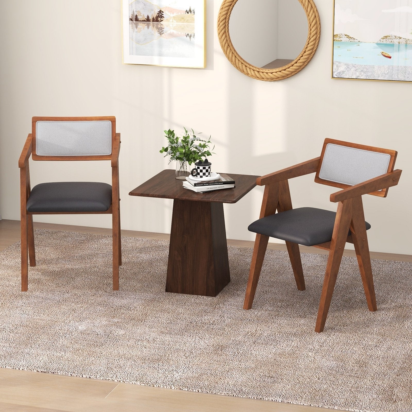 Mid Century Wooden Accent Chairs with Leathaire Seat Cushions Set of 2-Beige