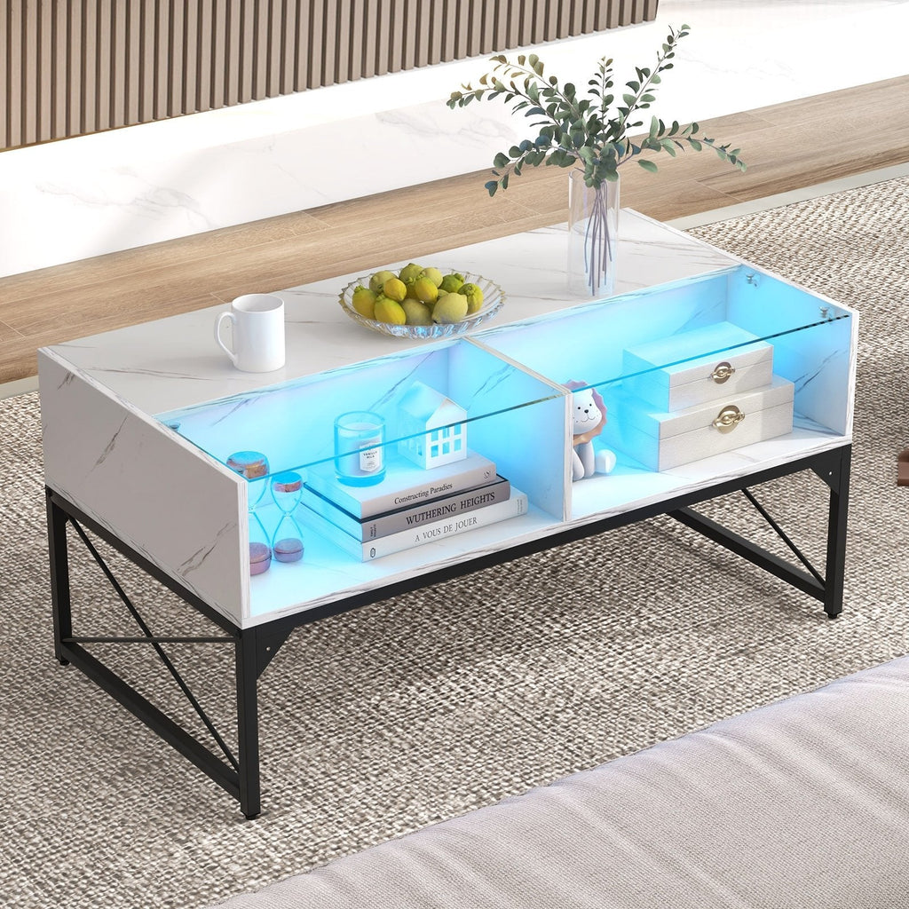 Center Table with Faux Marble and Tempered Glass Top-Black