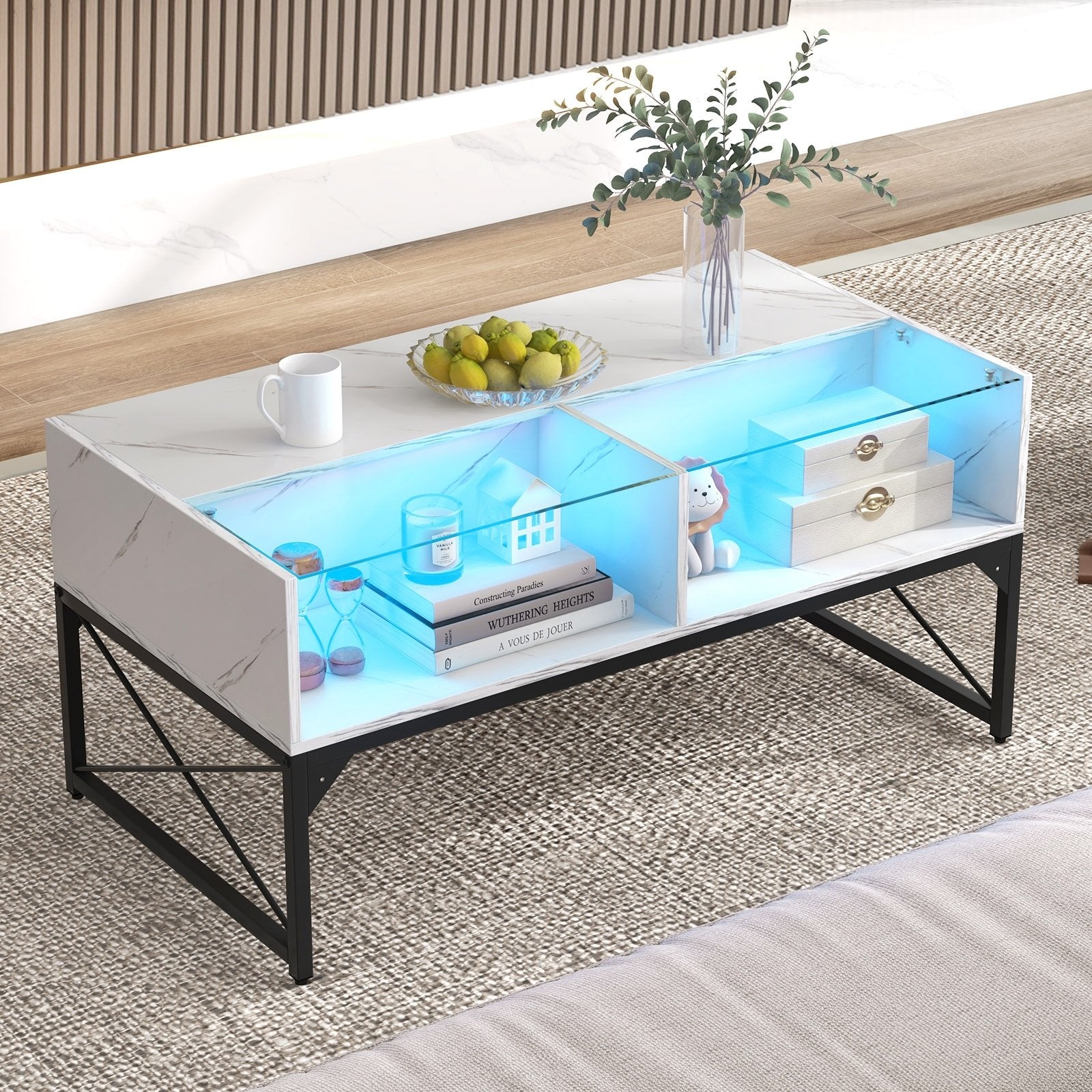 Center Table with Faux Marble and Tempered Glass Top-Black