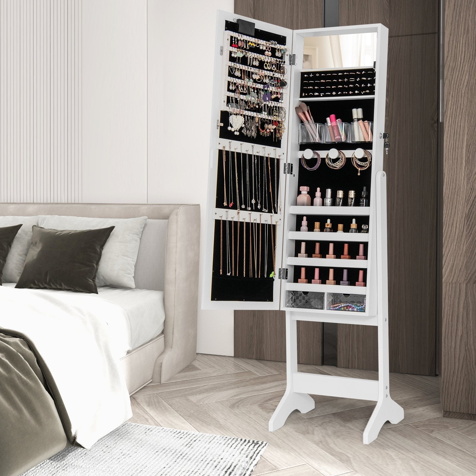 Mirror Jewelry Cabinet with 20 Warm Lights and 4 Tilt Angles-Black