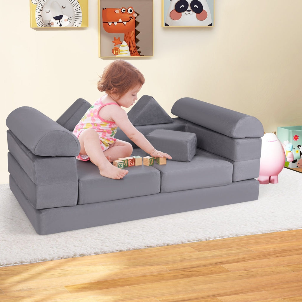 9-Piece Climb and Crawl Foam and Floor Playset with Breathable Suede Fabric-Beige