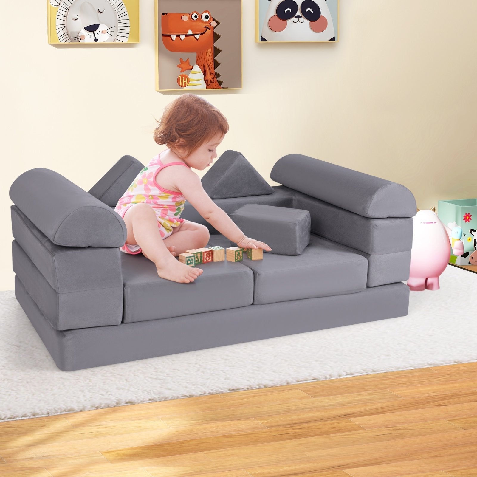 9-Piece Climb and Crawl Foam and Floor Playset with Breathable Suede Fabric-Beige