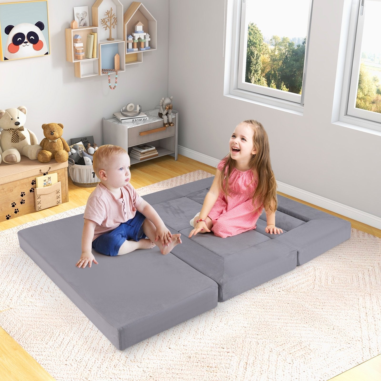 9-Piece Climb and Crawl Foam and Floor Playset with Breathable Suede Fabric-Beige